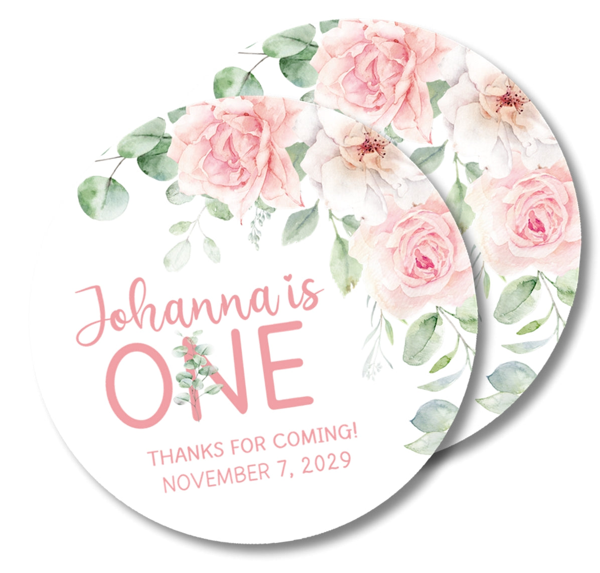 Personalized floral first birthday party label