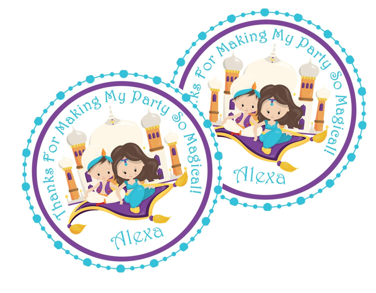 Personalized flying carpet party favor label for kids