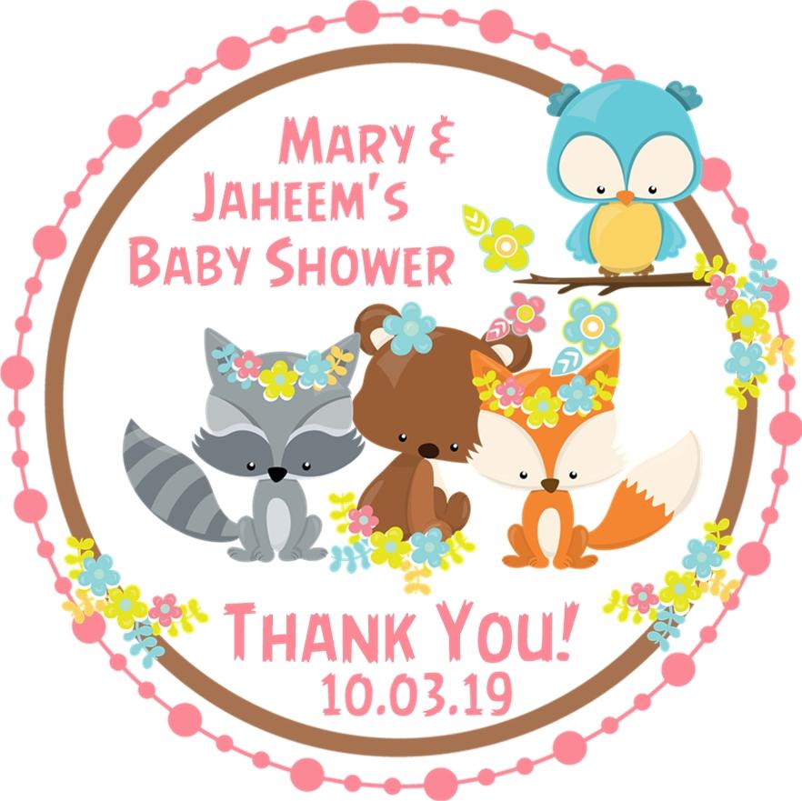 Personalized forest baby shower favor stickers.