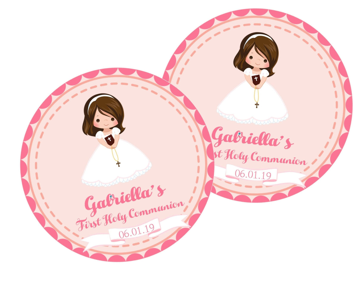 Personalized girls communion labels pink