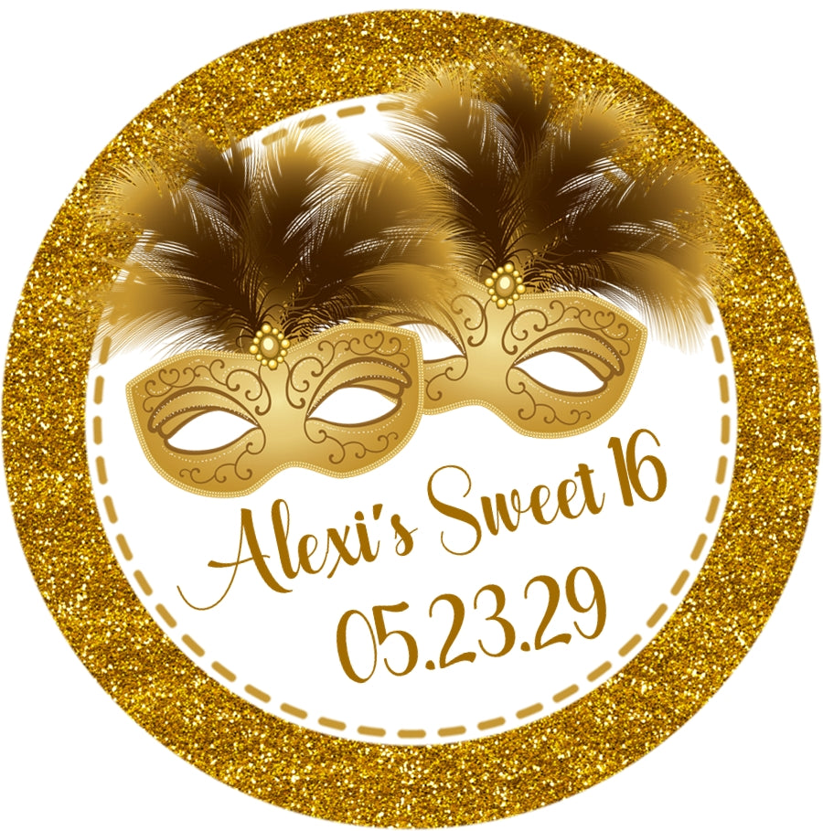 Personalized gold masquerade party favor label