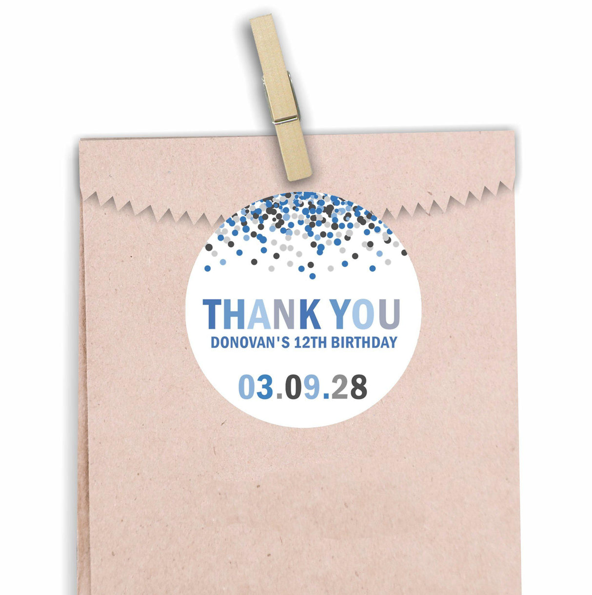 Personalized grey and blue sprinkle confetti sticker