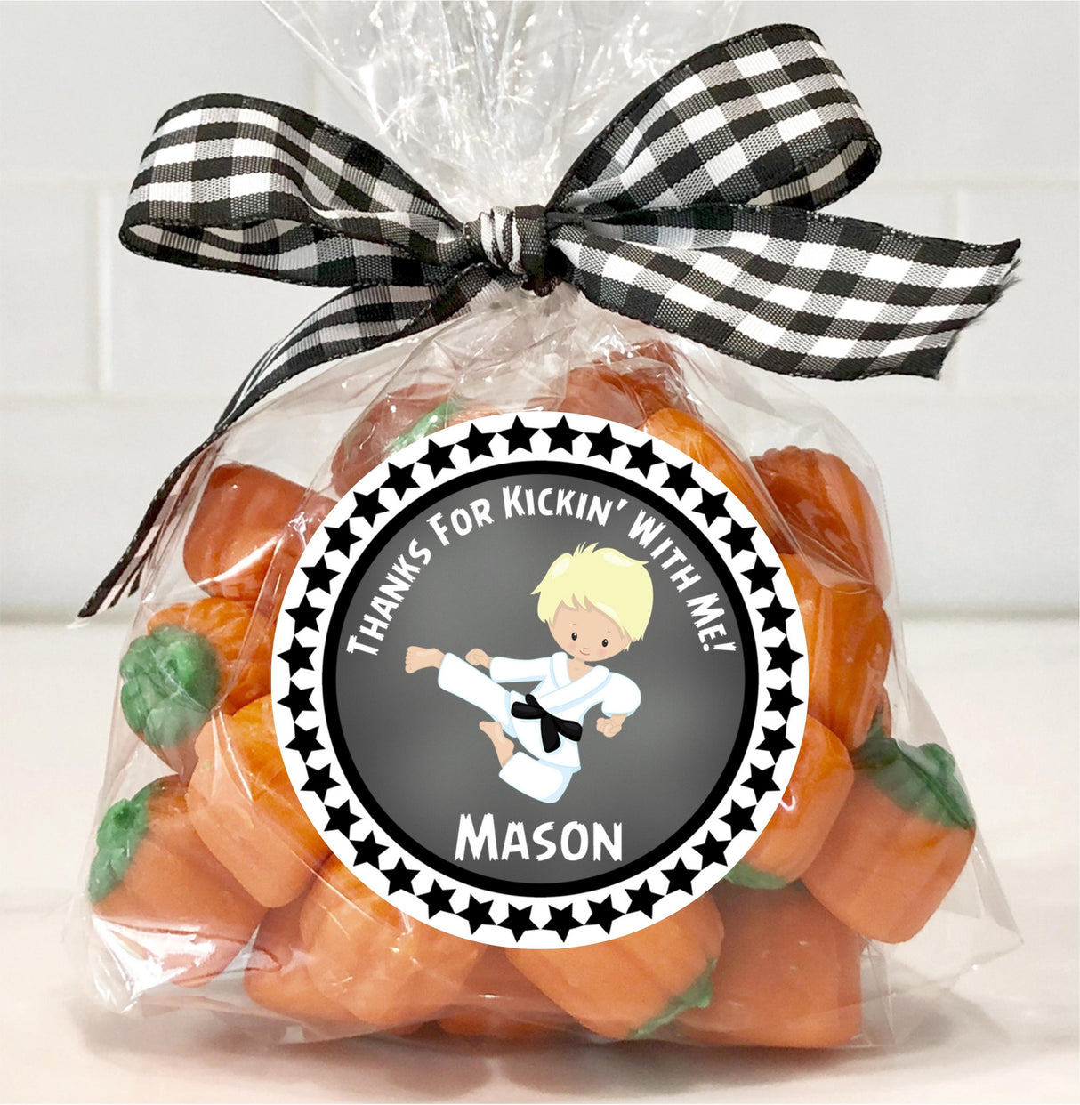 Personalized grey martial arts sticker for party favors