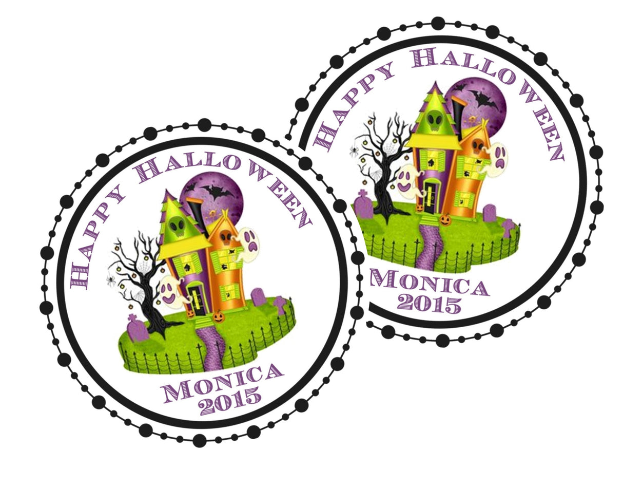 Personalized haunted house Halloween favor label for party treats
