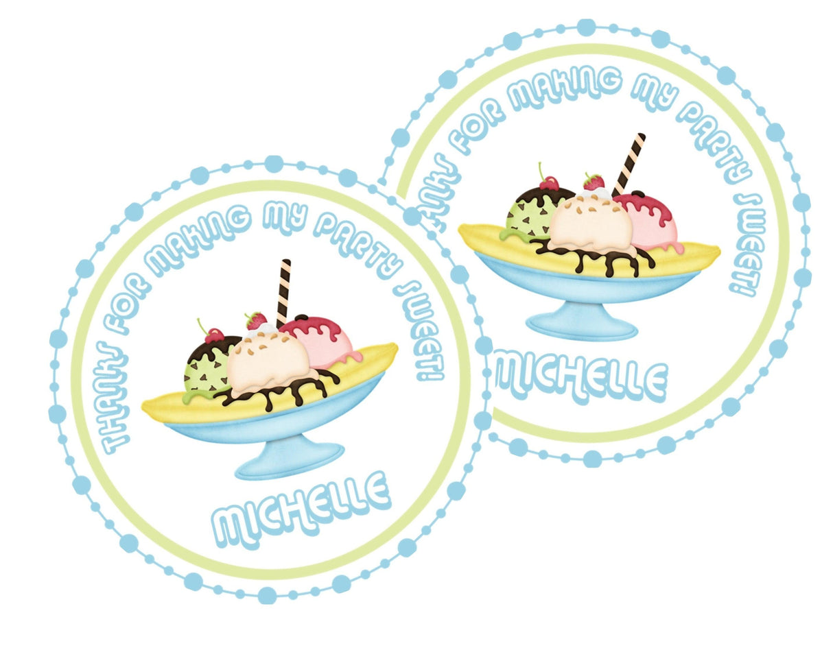 Personalized ice cream dessert bowl sticker for party favors