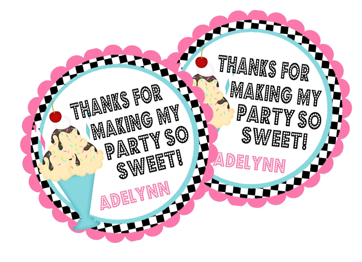 Personalized ice cream party favor label with cherry-topped sundae