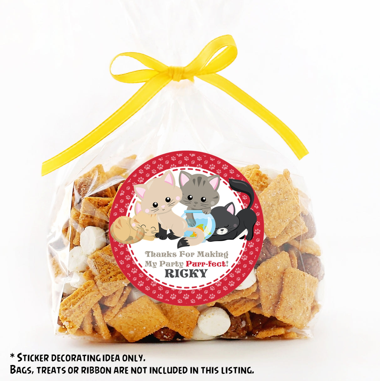 Personalized kitty birthday sticker in red and white