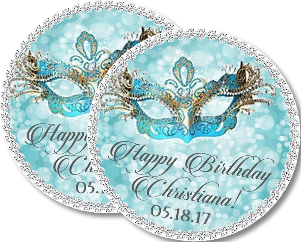 Personalized masquerade mask party label with frosted turquoise background