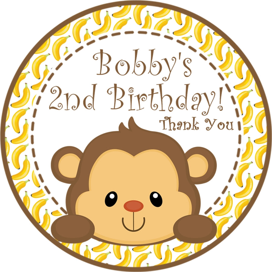 Personalized monkey yellow banana party favor sticker