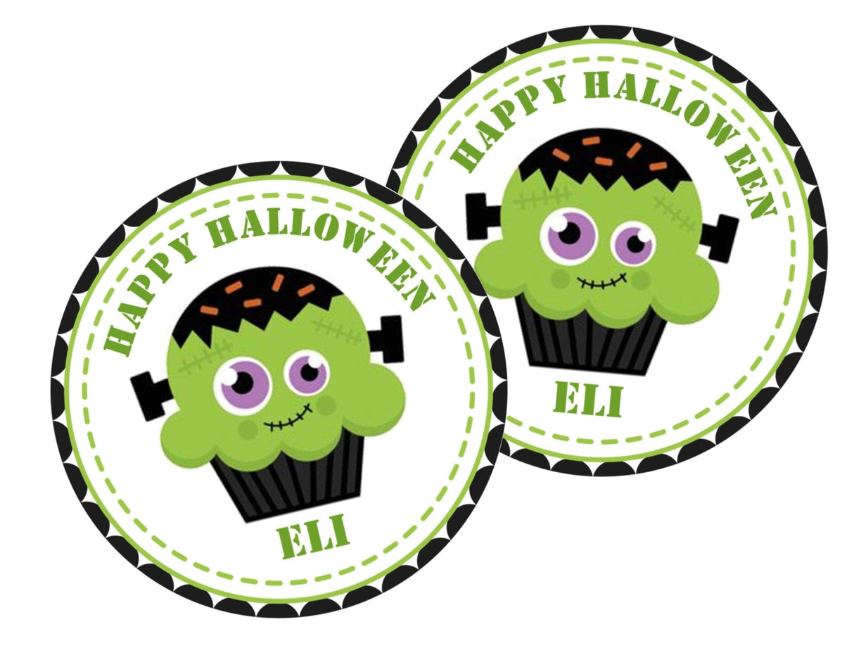 Personalized monster cupcake Halloween favor label with black wrapper design
