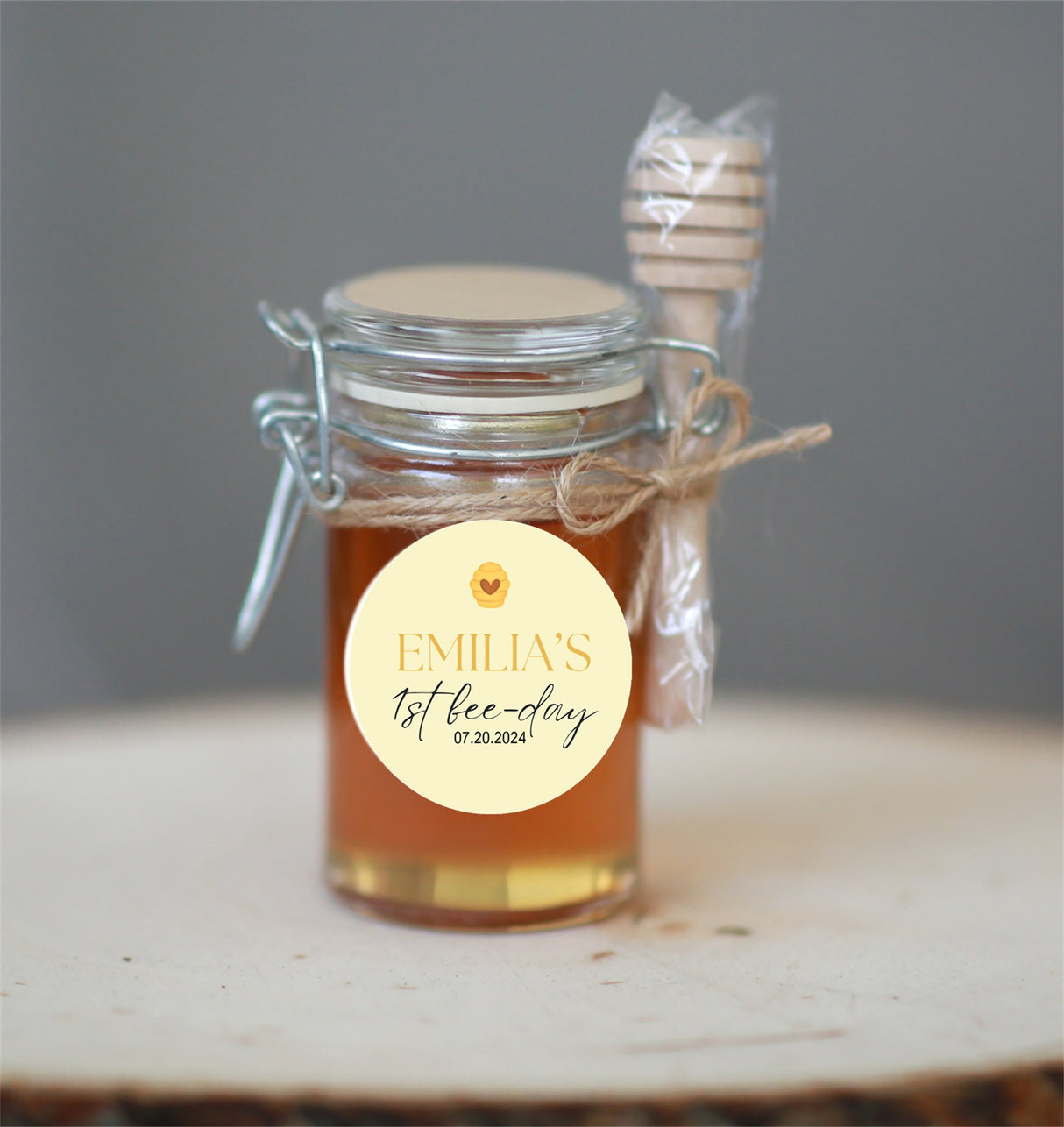 Personalized one bee day sticker in yellow and gold tones