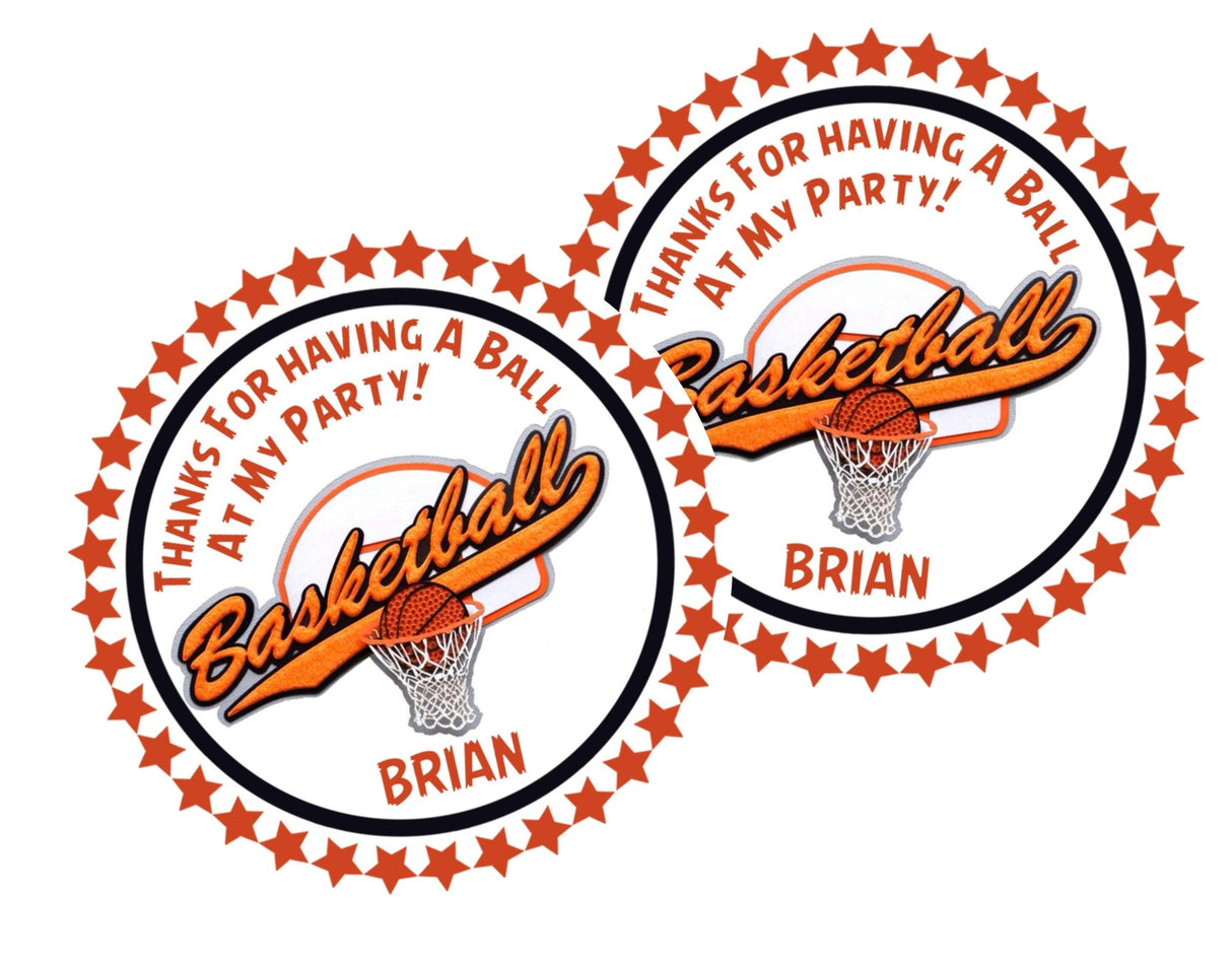 Personalized orange basketball party favor label with hoop graphic