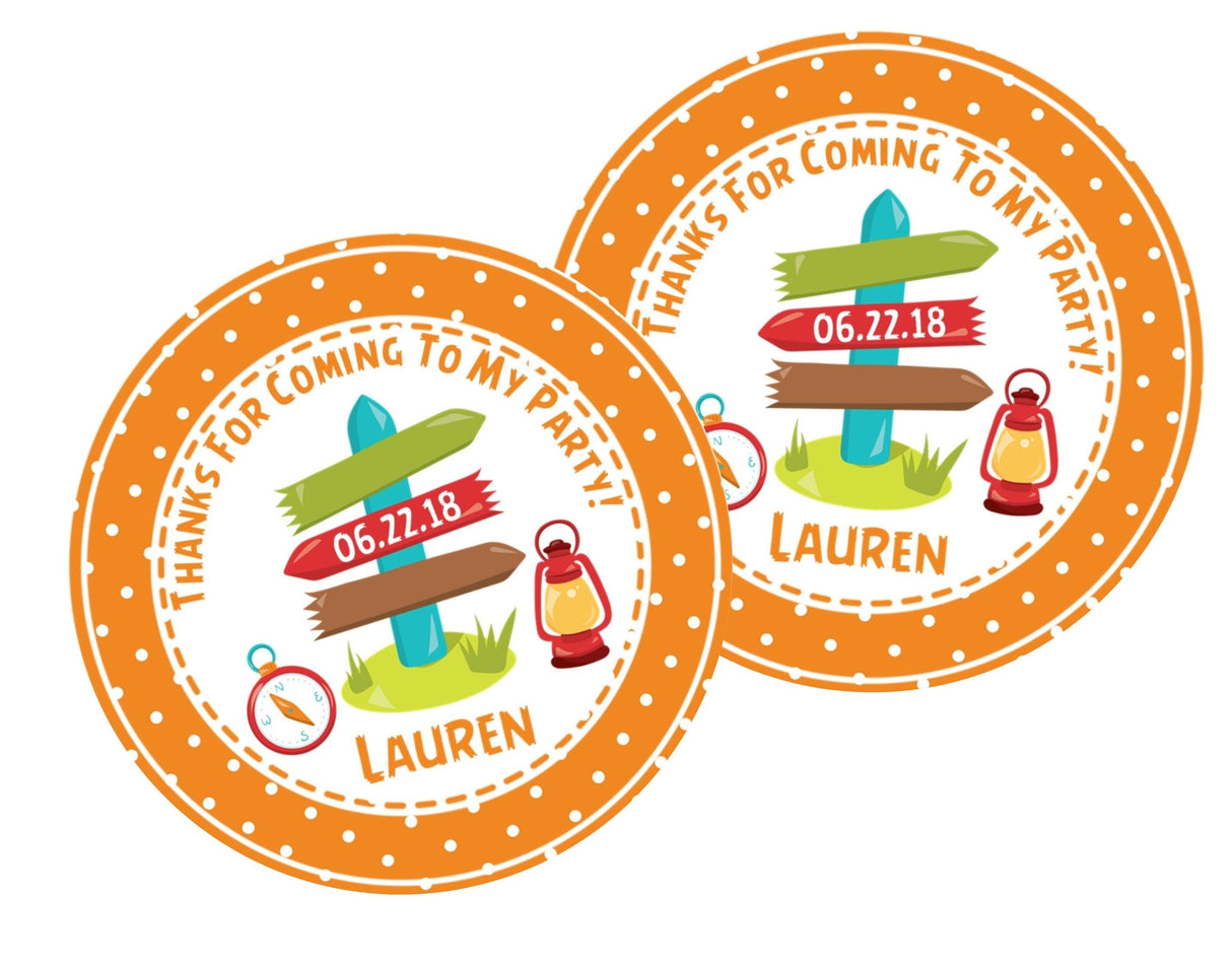 Personalized outdoor adventure birthday label with wooden sign