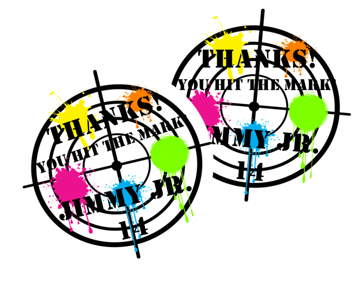 Personalized paintball party sticker with bright splatter design