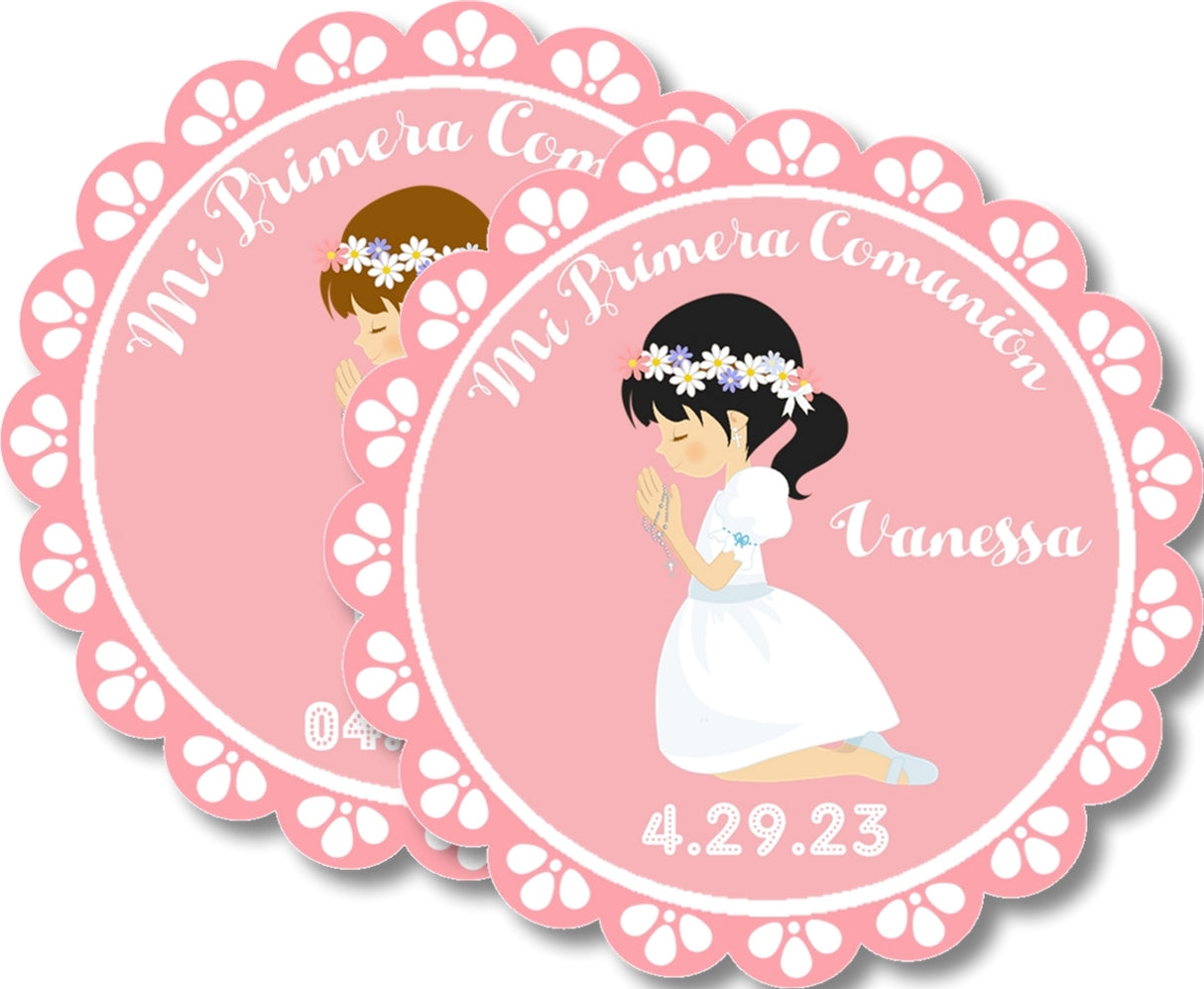 Personalized pink First Communion sticker with rosary