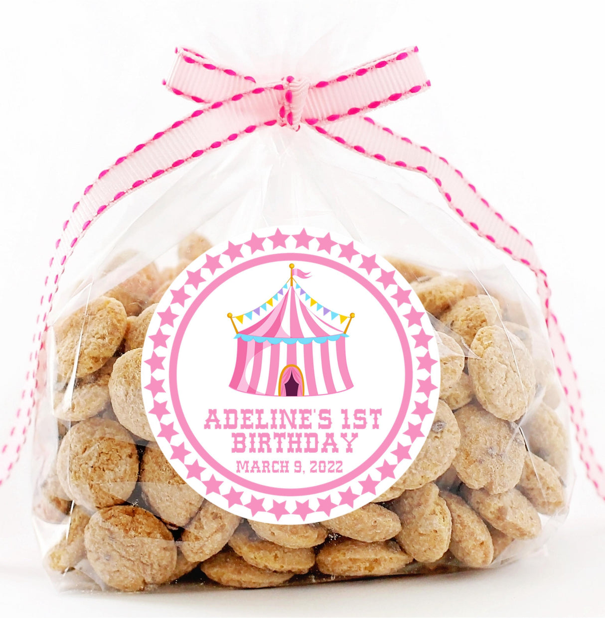 Personalized pink big top party sticker