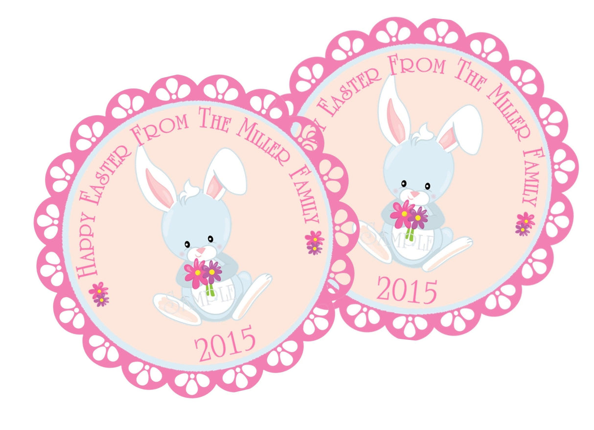 Personalized pink bunny Easter favor sticker round design