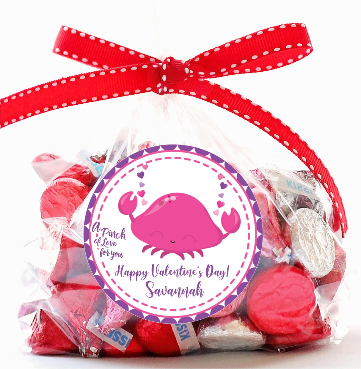Personalized pink crab Valentine sticker for kids