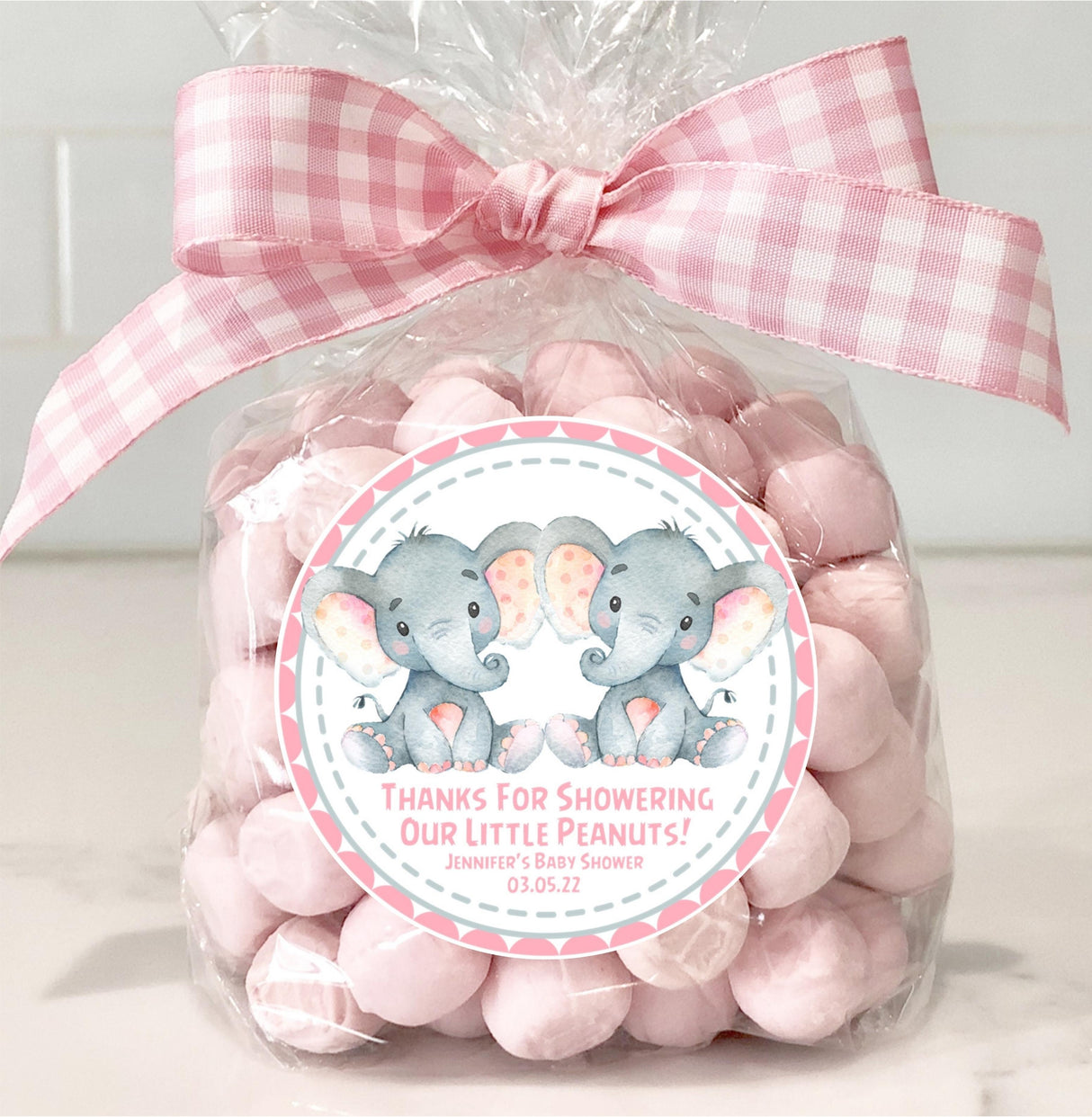 Personalized pink elephant twin baby shower labels