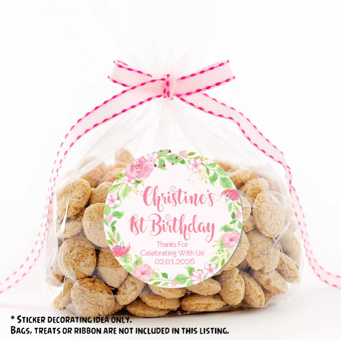 Personalized pink floral first birthday sticker