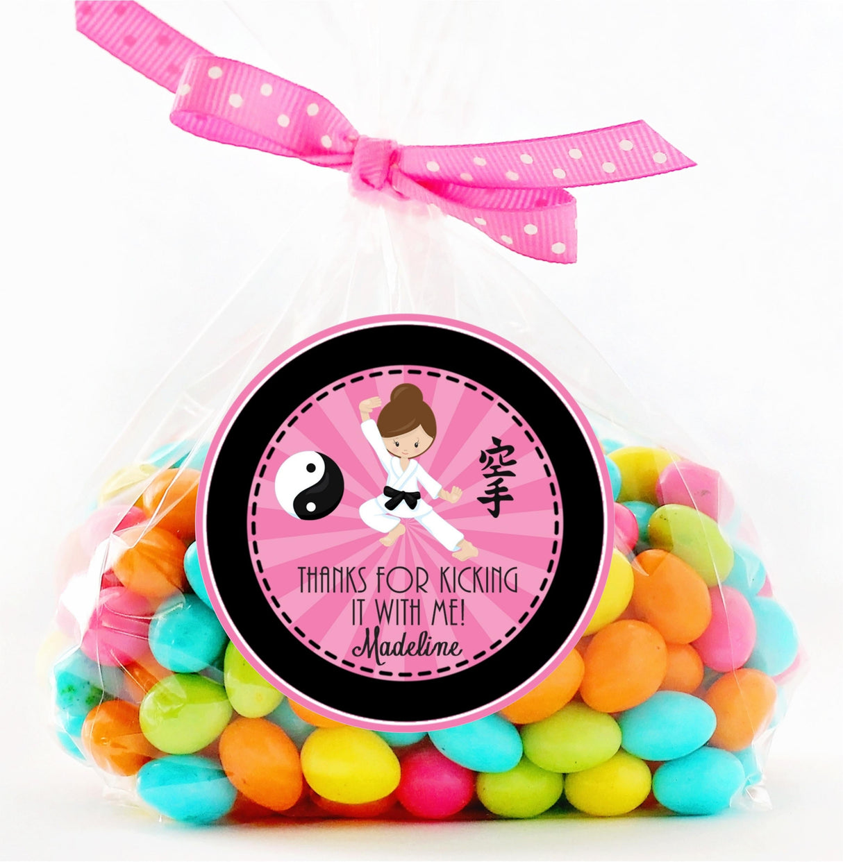 Personalized pink karate party favor label