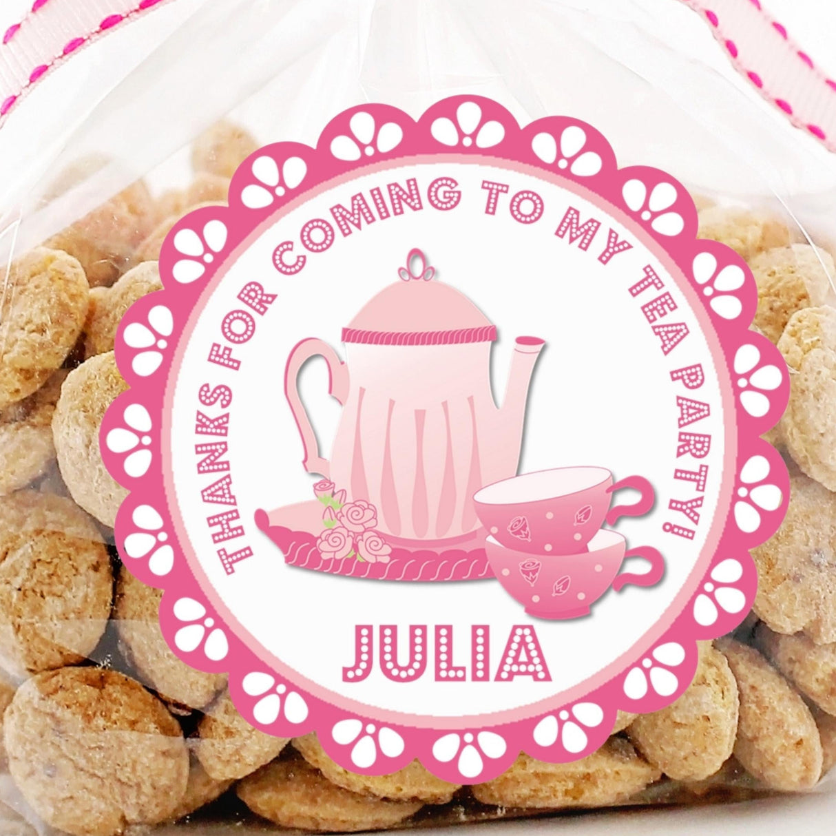 Personalized pink tea party favor label for girls