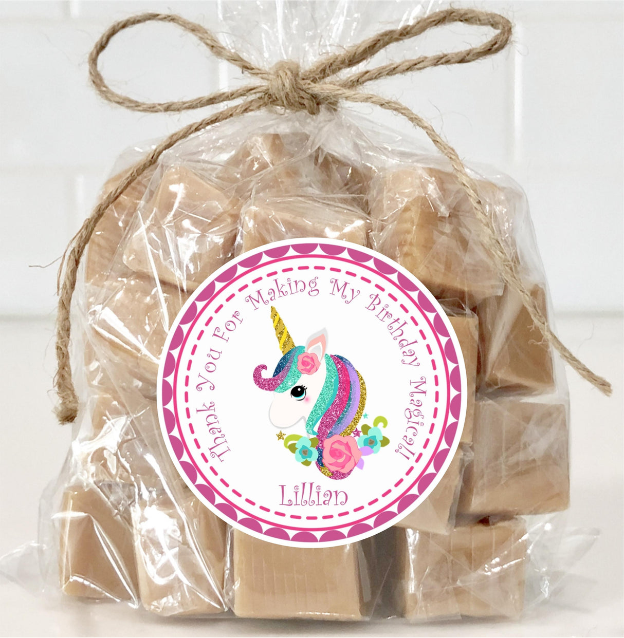 Personalized pink unicorn sticker for girls birthday party favors