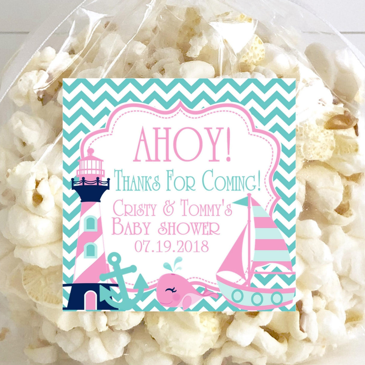 Personalized pink whale baby shower sticker