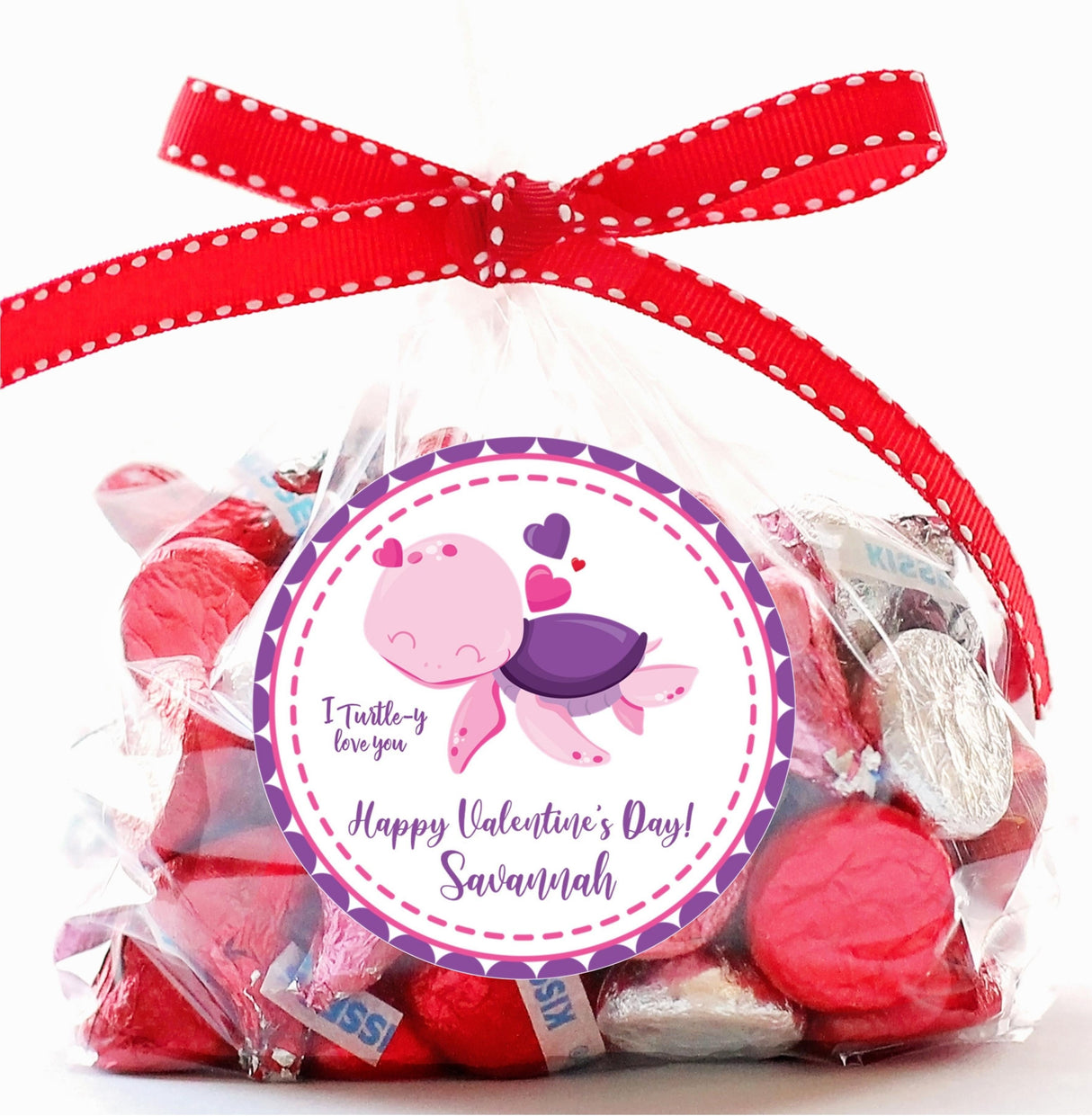 Personalized purple turtle Valentine sticker for kids