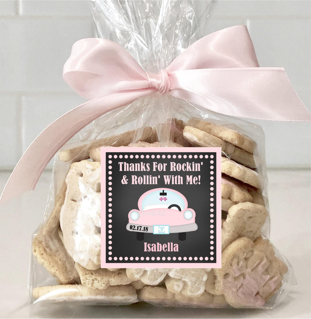 Personalized rock and roll birthday favor tag for 1950s theme