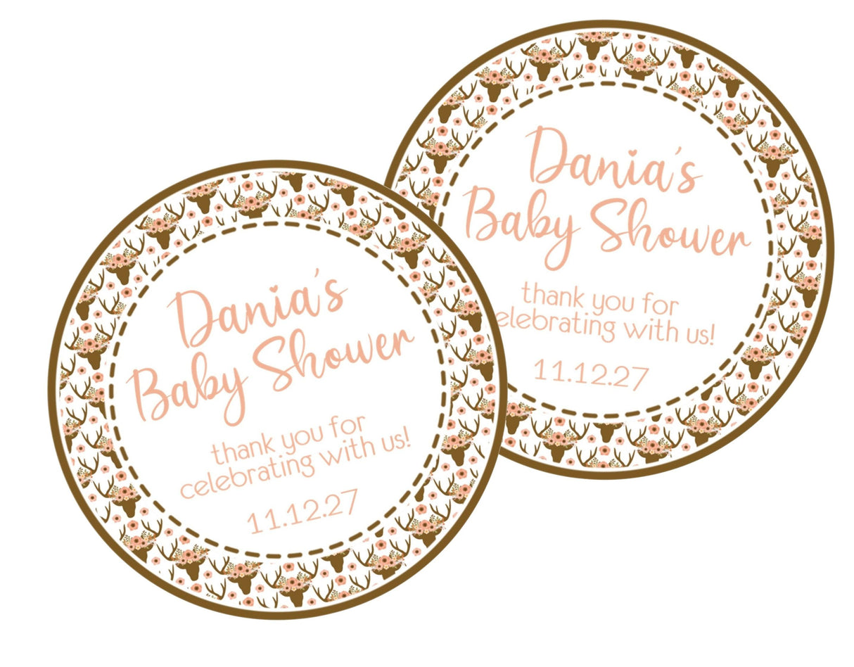 Personalized rustic woodland baby shower sticker with floral deer design