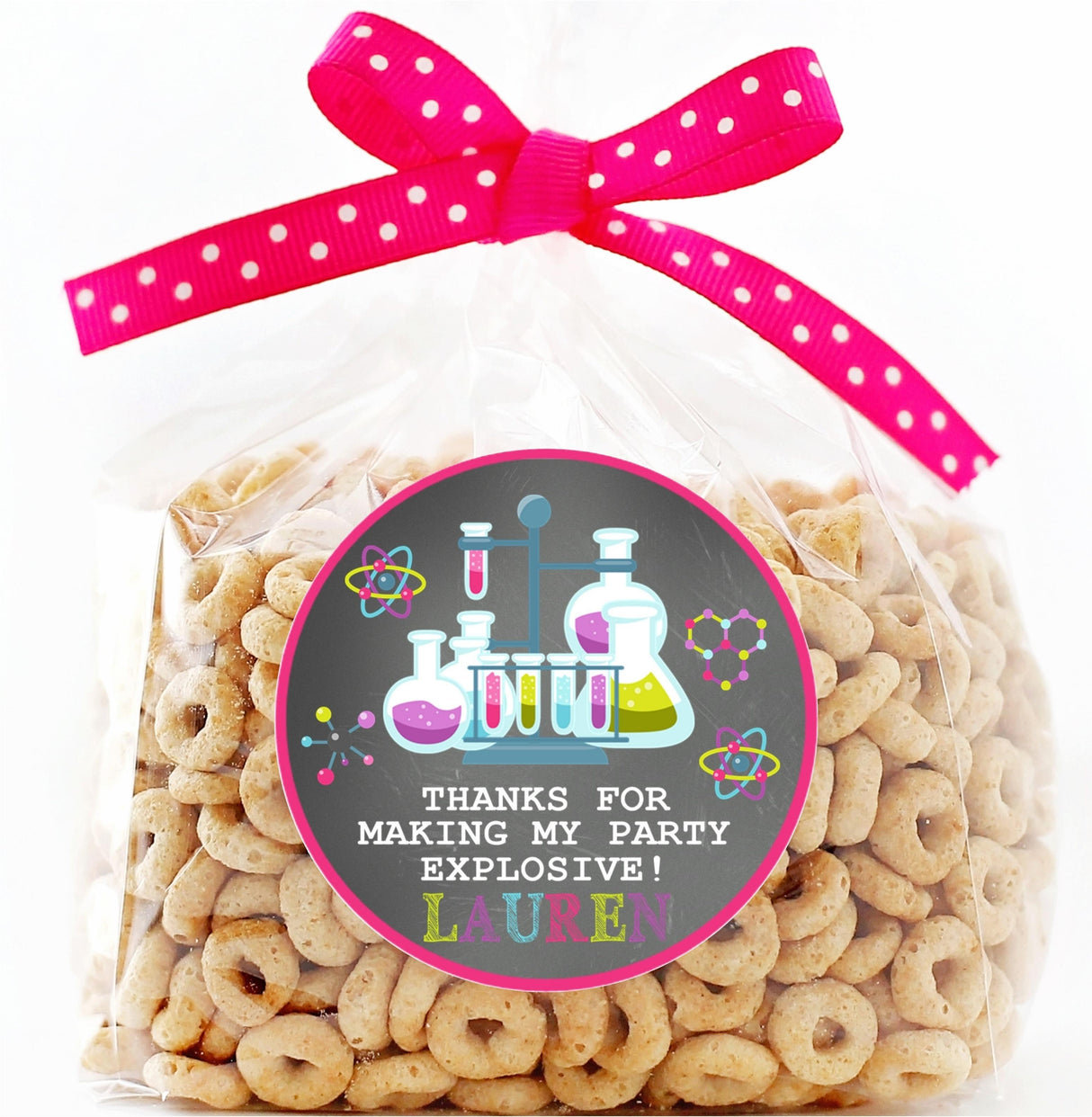 Personalized science birthday label with colorful beakers