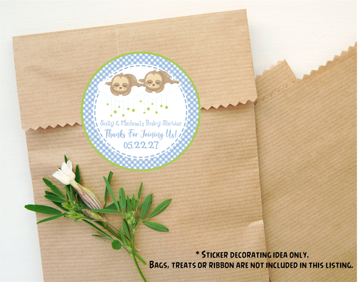 Personalized sloth baby shower sticker for twin boys