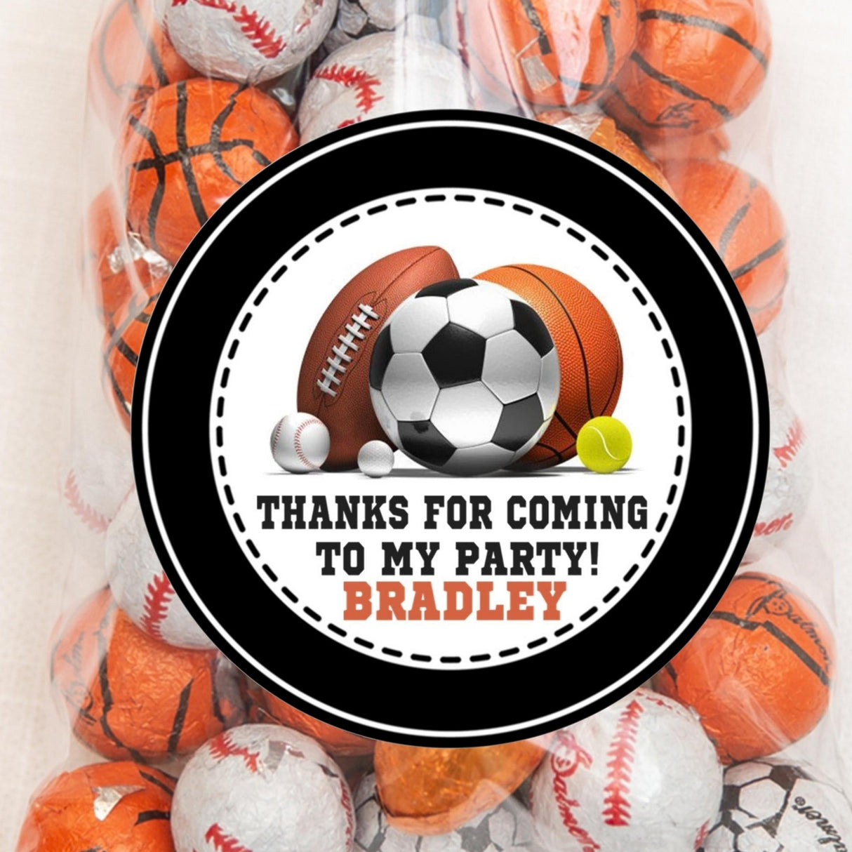 Personalized sports birthday sticker with black stitched border and multi-sport ball design