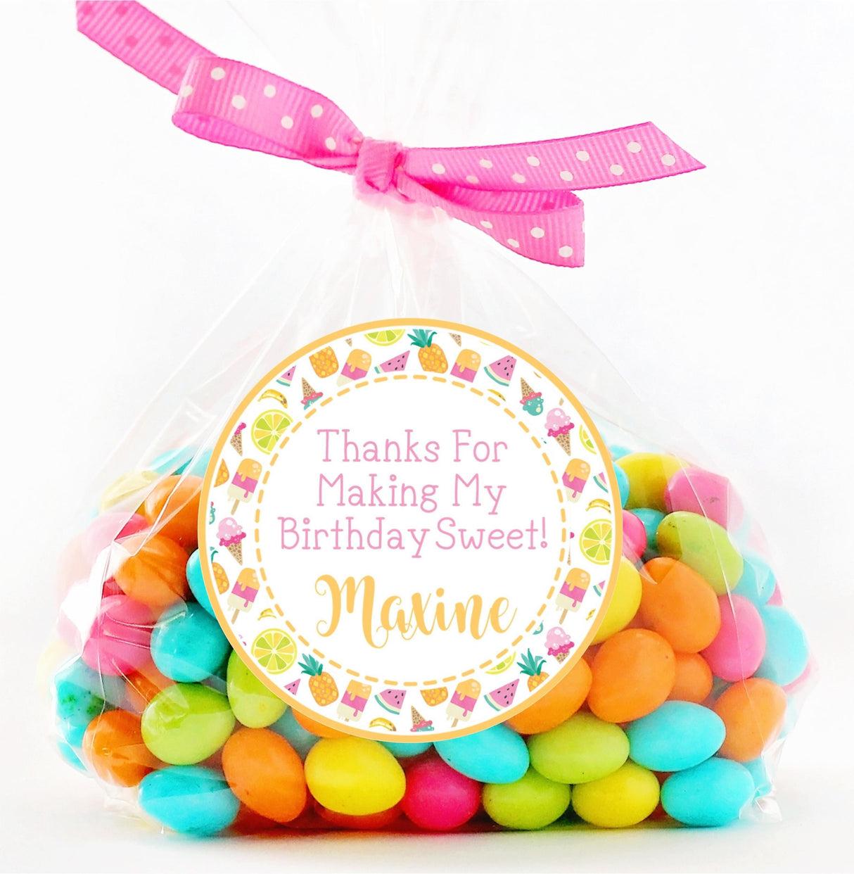 Personalized summer ice cream party favor label with fruity decorative border