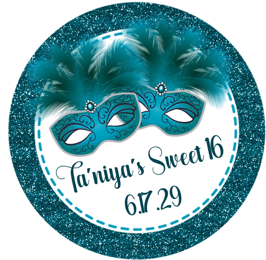 Personalized teal masquerade mask party favor label
