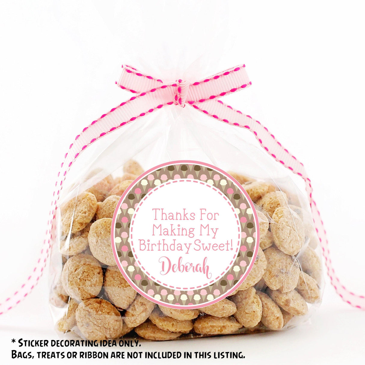 Personalized thank-you sticker with ice cream cone and polka dot border