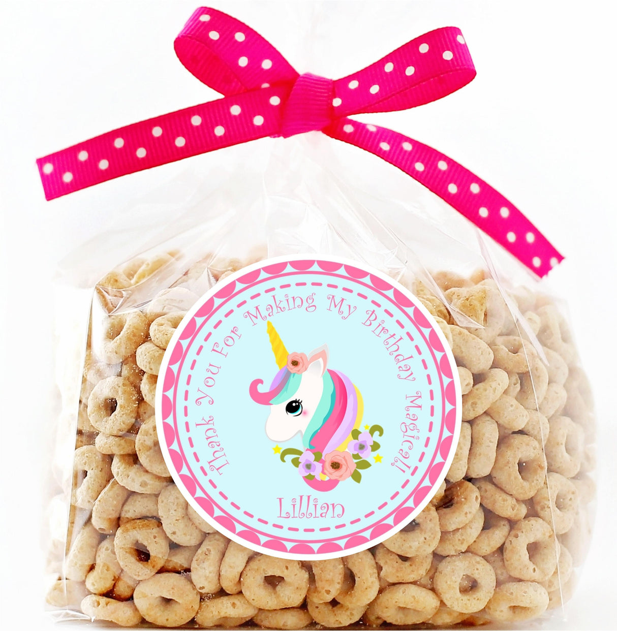 Personalized unicorn thank-you sticker for birthday favors