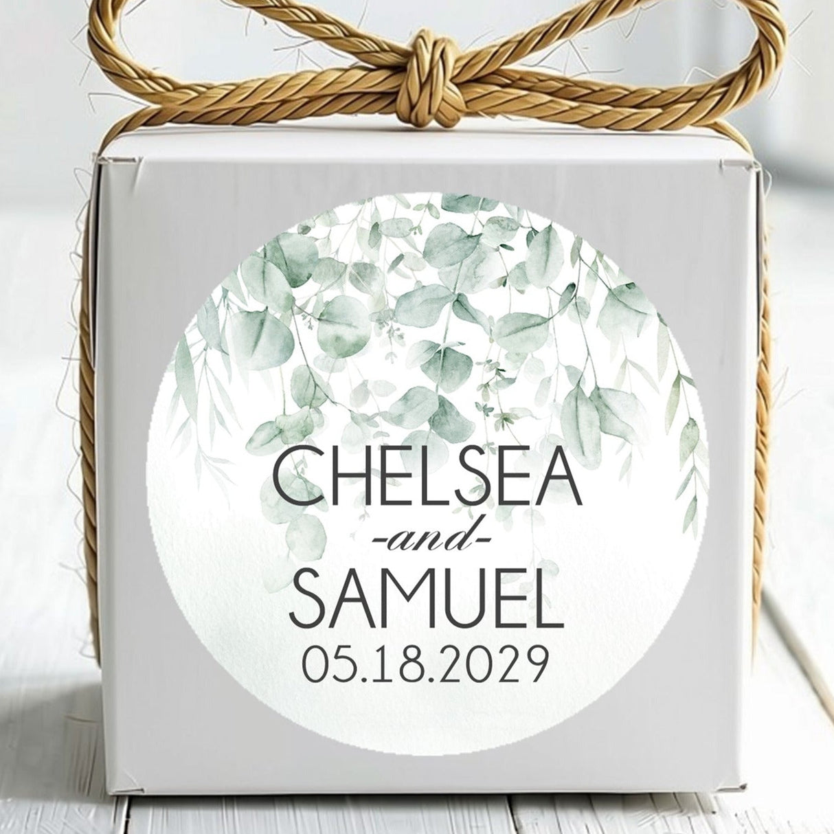 Personalized watercolor eucalyptus wedding stickers with names and wedding date.