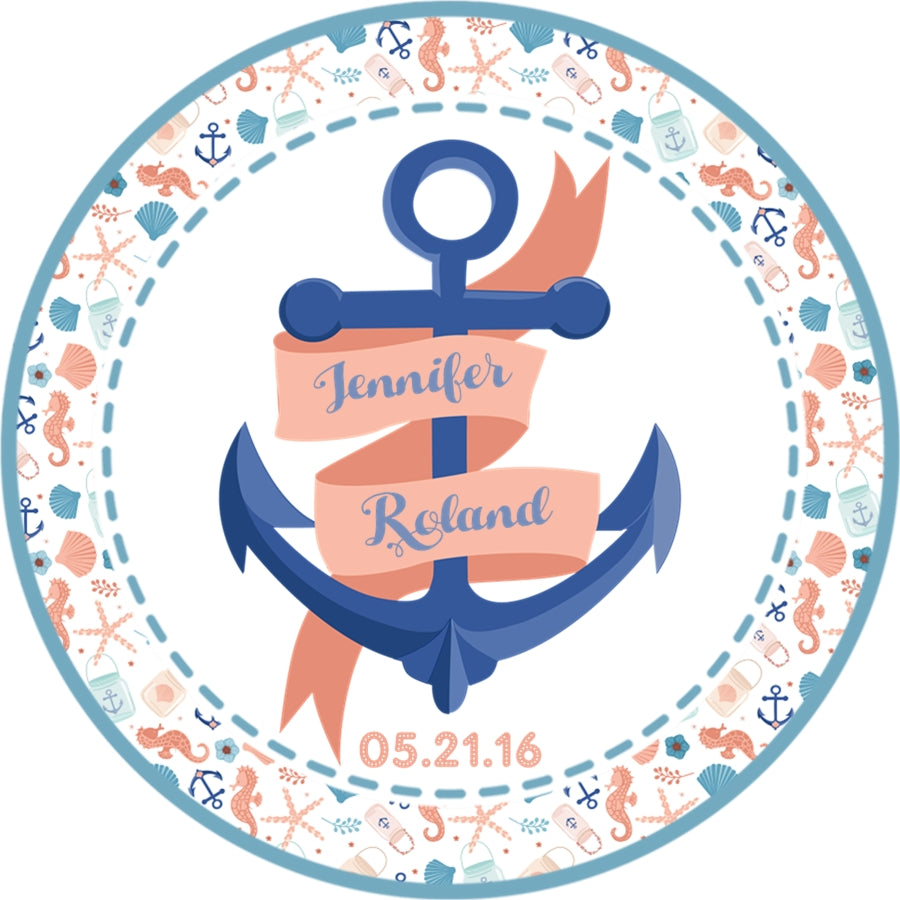 Personalized wedding sticker featuring a nautical anchor wrapped with a custom name ribbon