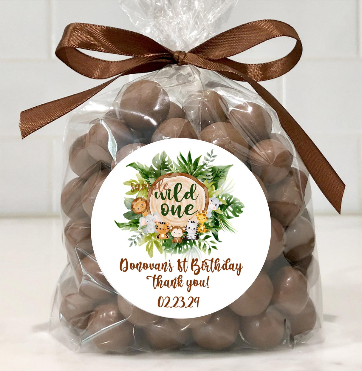 Personalized wild one safari party sticker for favor bags