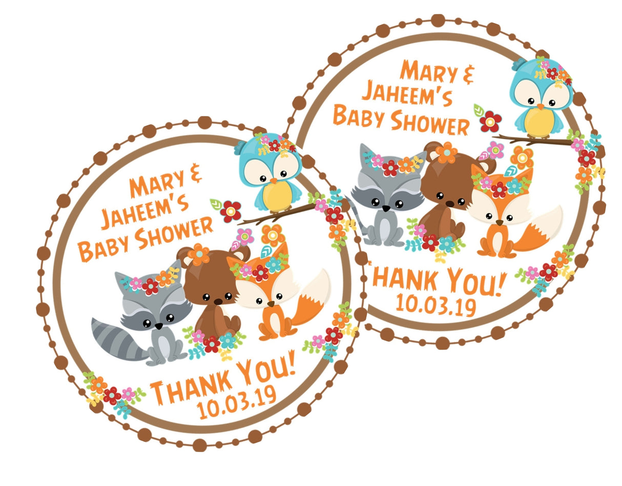 Personalized woodland theme baby shower favor stickers.