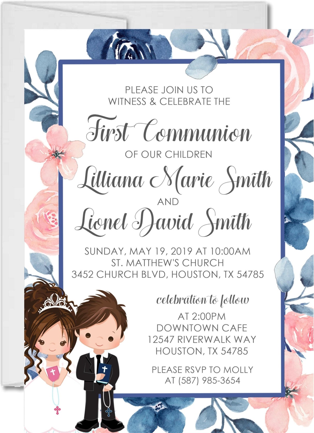 Pink And Blue Siblings And Twins First Communion Invitations