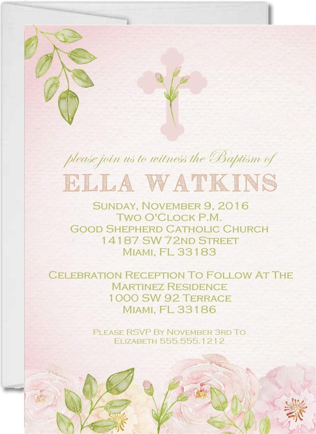 Pink And Green Baptism Invitations