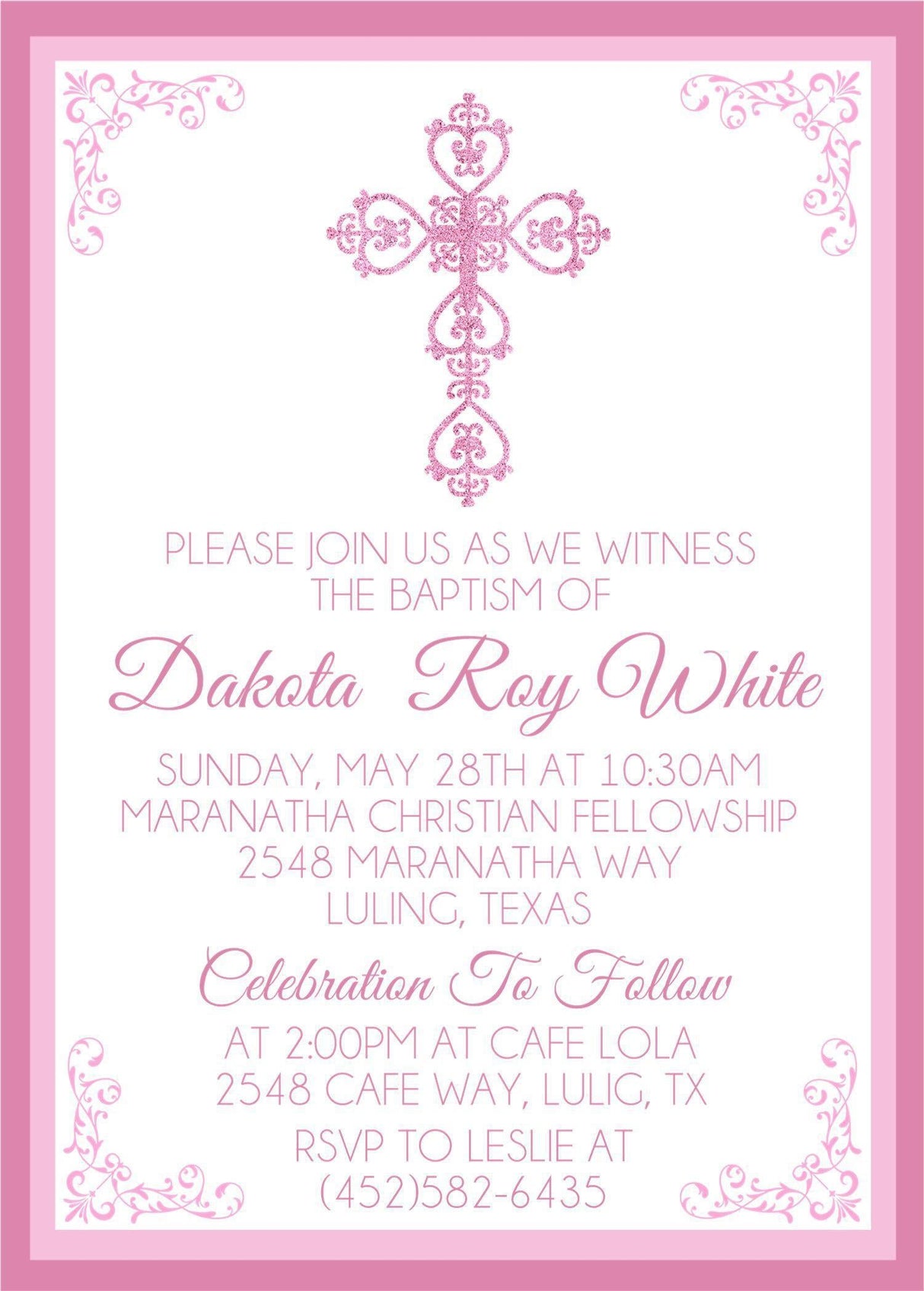 Pink And White Baptism Invitations