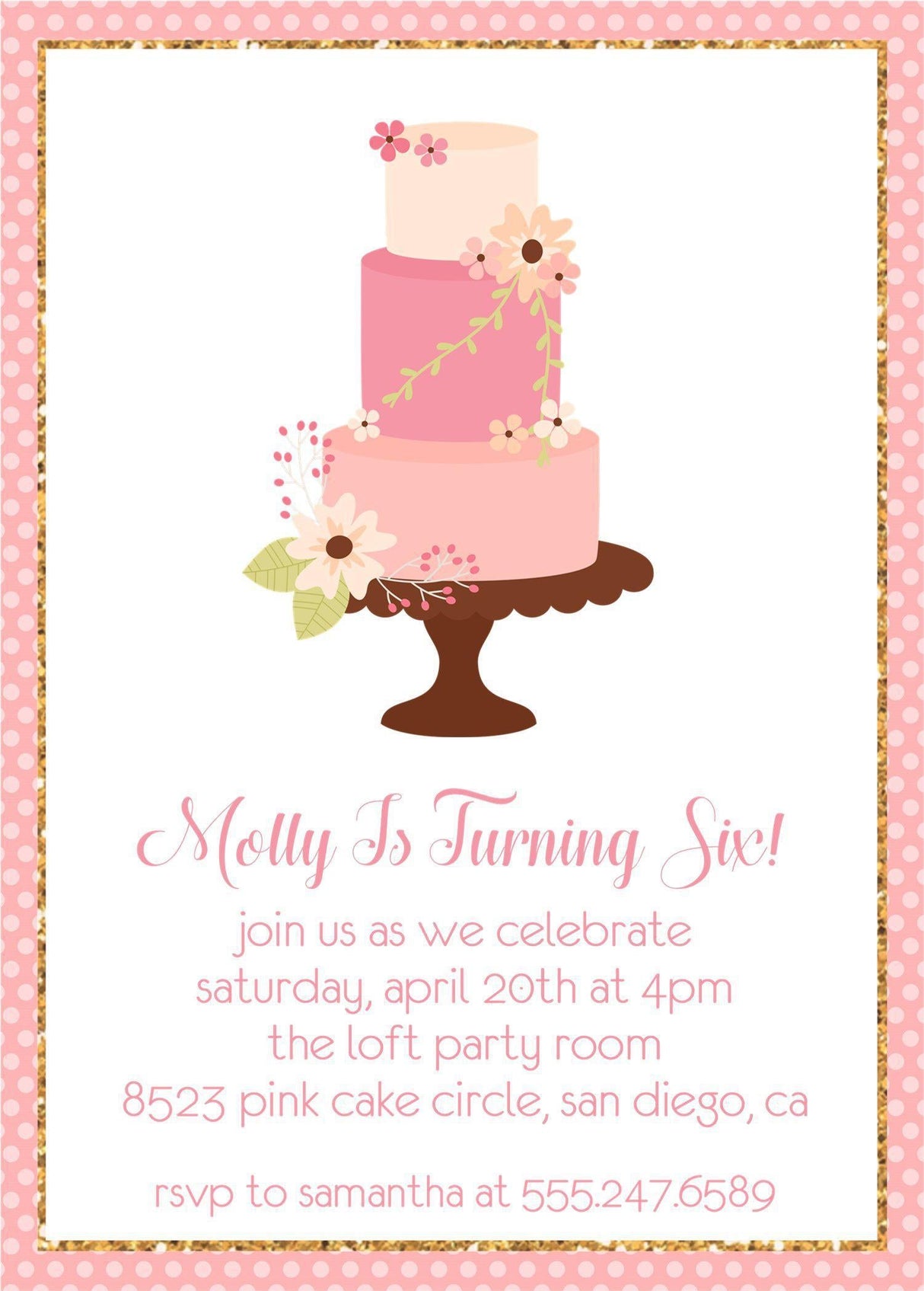 Pink Cake Birthday Party Invitations