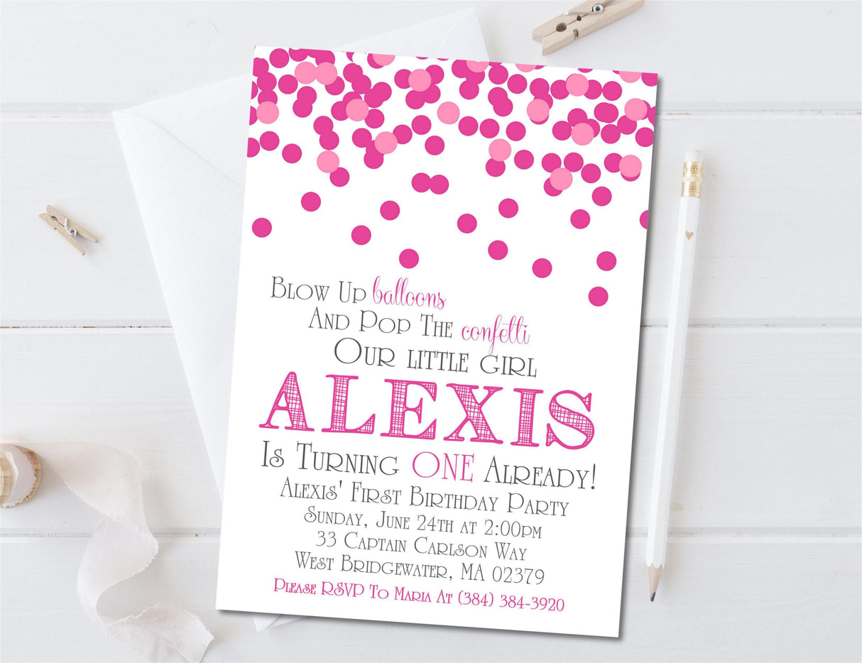 Pink Confetti 1st Birthday Party Invitations