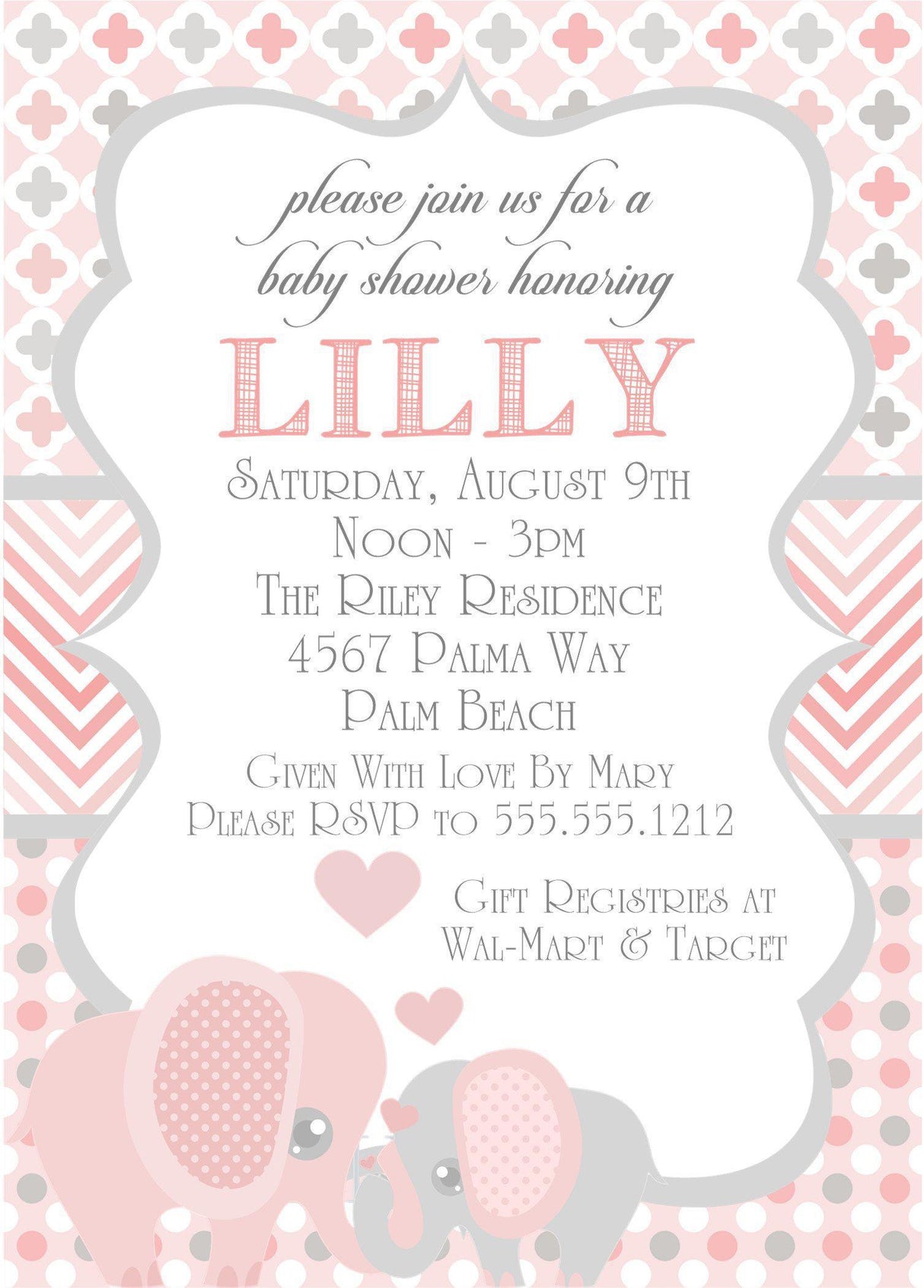 Pink Elephant Baby Shower Invitations