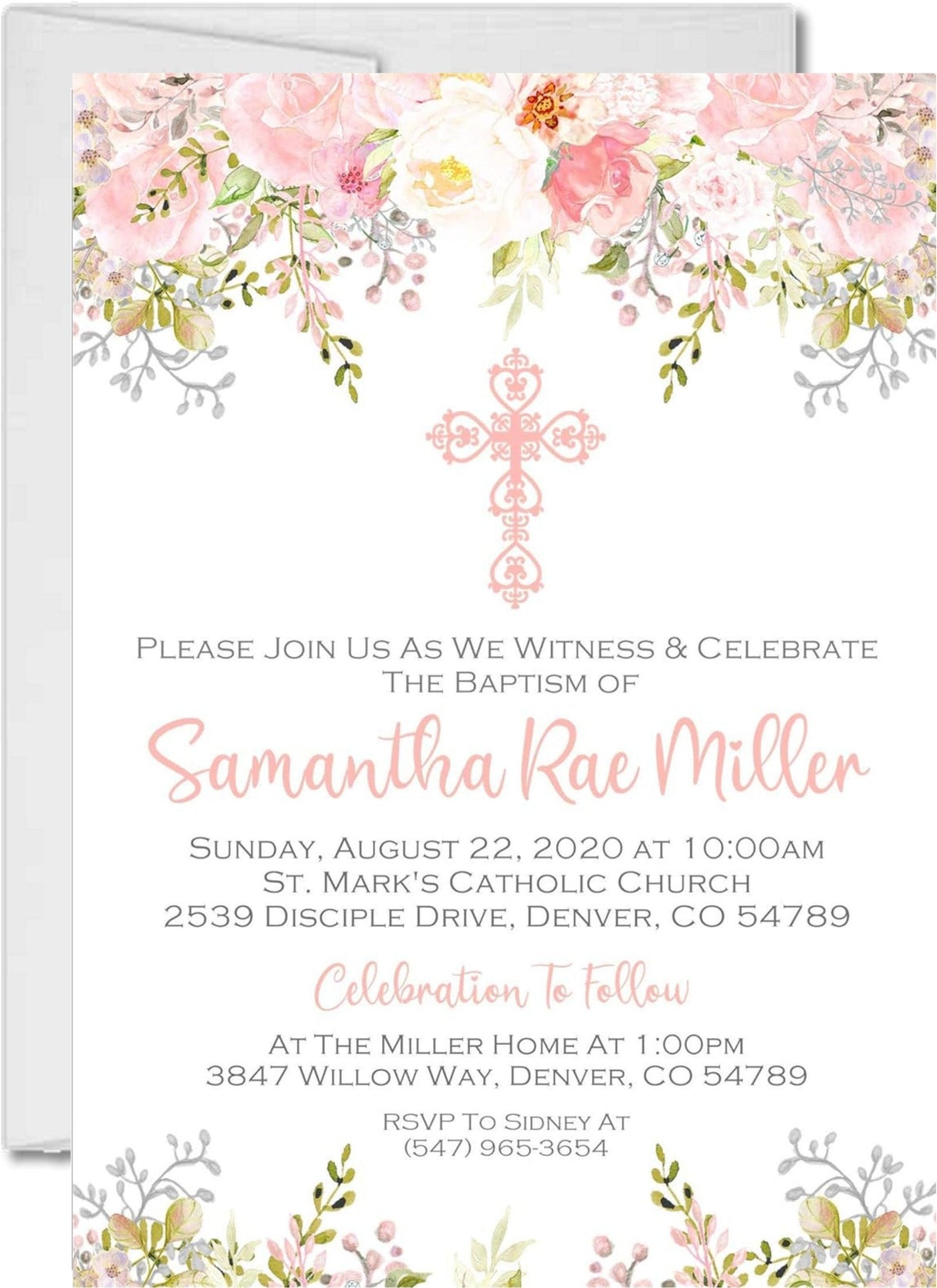 Pink Floral Baptism Invitations