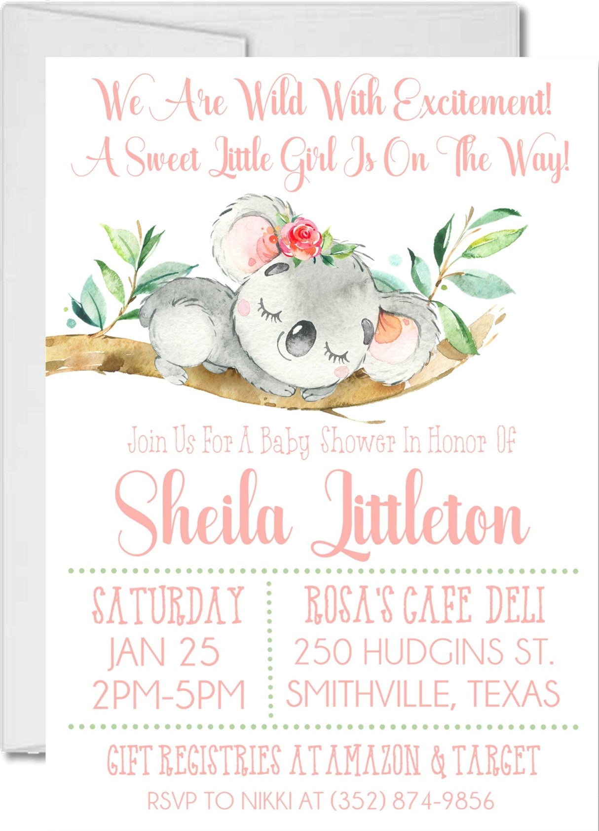 Pink Koala Baby Shower Invitations